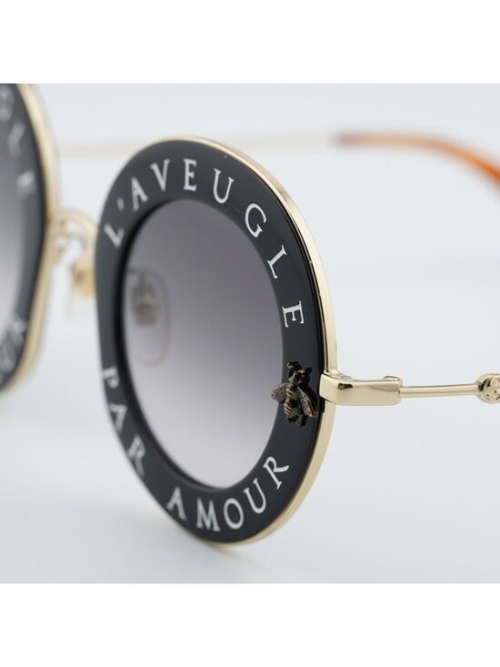 Gucci GG0113S 001 Sunglasses Black Gold Round Frame, Grey Gradient Lenses main image 6